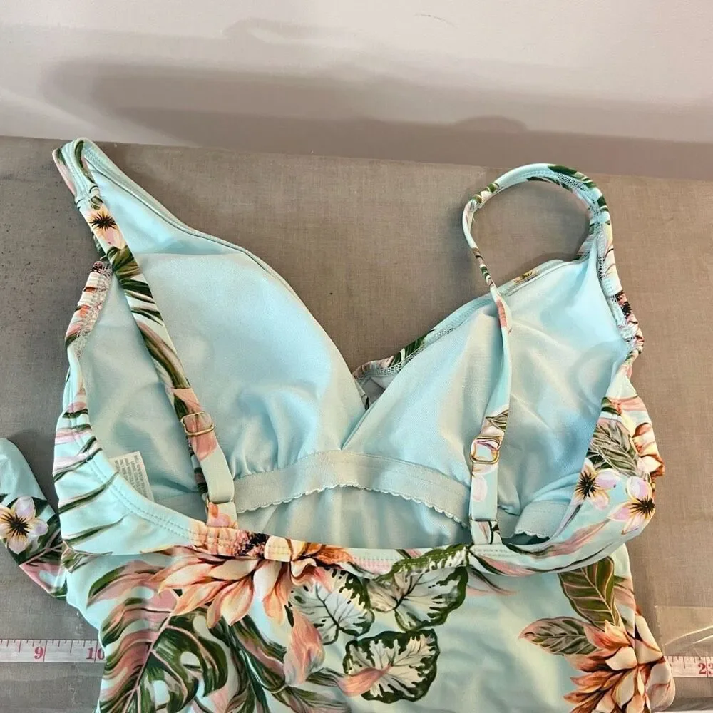 Kona Sol Blue Floral Stretch Wrap Tie Waist One Piece Swimsuit Size Medium
